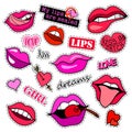 Fashion patch badges. Lips set. Stickers, pins, patches and handwritten notes collection in cartoon 80s-90s comic style Royalty Free Stock Photo