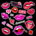 Fashion patch badges. Lips set. Stickers, pins, patches and handwritten notes collection in cartoon 80s-90s comic style