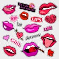 Fashion patch badges. Lips set. Stickers, pins, patches and handwritten notes collection in cartoon 80s-90s comic style Royalty Free Stock Photo