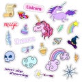 Fashion patch badges. Magic set. Stickers, pins, patches, cute collection with unicorn and rainbow. 80s-90s comic style