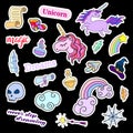 Fashion patch badges. Magic set. Stickers, pins, patches, cute collection with unicorn and rainbow. 80s-90s comic style