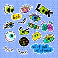 Fashion patch badges. Pop art Eyes set. Stickers, pins, patches and handwritten notes collection in cartoon 80s-90s Royalty Free Stock Photo