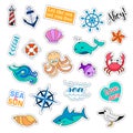 Fashion patch badges. Sea set. Stickers, pins, patches and handwritten notes collection in cartoon 80s-90s comic style Royalty Free Stock Photo