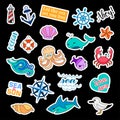 Fashion patch badges. Sea set. Stickers, pins, patches and handwritten notes collection in cartoon 80s-90s comic style Royalty Free Stock Photo