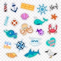 Fashion patch badges. Sea set. Stickers, pins, patches and handwritten notes collection in cartoon 80s-90s comic style Royalty Free Stock Photo