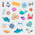 Fashion patch badges. Sea set. Stickers, pins, patches and handwritten notes collection in cartoon 80s-90s comic style Royalty Free Stock Photo