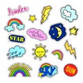 Fashion patch badges. Sky set. Stickers, pins, patches and handwritten notes collection in cartoon 80s-90s comic style