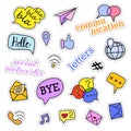 Fashion patch badges. Social networks set. Stickers, pins, patches and handwritten notes collection in cartoon 80s-90s Royalty Free Stock Photo