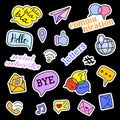 Fashion patch badges. Social networks set. Stickers, pins, patches and handwritten notes collection in cartoon 80s-90s Royalty Free Stock Photo