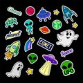 Fashion patch badges. UFO set. Stickers, pins, patches and handwritten notes collection in cartoon 80s-90s comic style