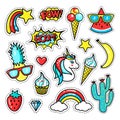 Fashion patch badges with unicorn, lips, hearts, stars, speech bubbles, rainbow; pineapple.