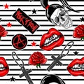 Fashion patch pattern with lips, skull,cross, rose, gun and other elements. Vect