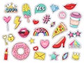 Fashion patches. Comic doodle girl badges, teenage cute cartoon stickers with funny food, pizza and donut, red lips and