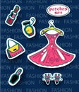 Fashion Patches Set. Modern Pop Art Stickers. Dress,Nail Polish, Bag,Perfume,Lipstick. Vector Illustration.