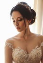 Beautiful bride in elegant wedding dress and diadem posing in r