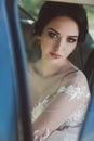 Beautiful bride with dark hair in elegant wedding dress, posing Royalty Free Stock Photo