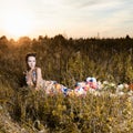 Fashion photo of beautiful lady in dress of flowers