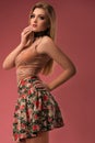 Fashion photo of a beautiful young woman in a pretty clothes with flowers posing on the pink background. Fashion photo Royalty Free Stock Photo