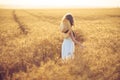 Fashion photo of a little girl in white dress and straw hat at the evening wheat field Royalty Free Stock Photo