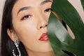 Fashion photo natural cosmetics, eye lashes Asian young girl looks through green monstera leaf Royalty Free Stock Photo