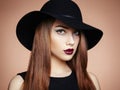 Fashion photo of young magnificent woman in hat. Girl posing Royalty Free Stock Photo