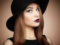 Fashion photo of young magnificent woman in hat. Girl posing Royalty Free Stock Photo
