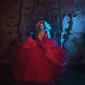 Fashion photo of young magnificent woman in red dress. Studio portrait Royalty Free Stock Photo