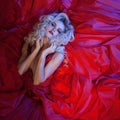 Fashion photo of young magnificent woman in red dress. Studio portrait Royalty Free Stock Photo