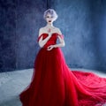 Fashion photo of young magnificent woman in red dress. Textured background