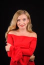 fashion picture of beautiful young blonde woman wearing red dress nice makeup Royalty Free Stock Photo