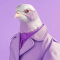 Fashion pigeon in stylish coat, purple monochrome portrait