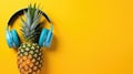 Fashion pineapple with a blue headphones on a yellow color background