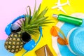 Fashion Pineapple. Bright Summer Color. Beach Clothes Accessories Outfit. Creative Art. Tropical fruit, Stylish Sunglasses. Minim