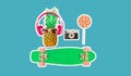 Fashion pineapple with headphones, sunglasses, lollipop caramel on stick and film camera, skateboard on colorful blue background,