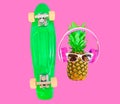 Fashion pineapple with headphones sunglasses and skateboard