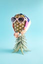 Fashion. Pineapple hipster in sunglasses and scarf, stylish fruit. Minimal summer tropical concept. Creative art fashionable Royalty Free Stock Photo