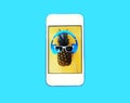 Fashion pineapple on screen smartphone over colorful blue