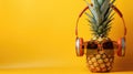 Fashion pineapple with sunglasses and headphones on a yellow color background