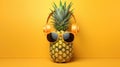 Fashion pineapple with sunglasses and headphones on a yellow color background. Summer vibe and party concept