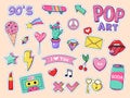 Fashion pop art patch stickers. Girls cartoon cute badges, doodle teenage patches with lipstick, cute food and 90s