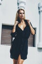 Fashion portrait of amazing blonde model in black clothes Royalty Free Stock Photo