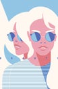Fashion portrait of a blondie model girl with sunglasses. Retro trendy coral color poster or flyer.