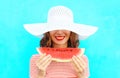 Fashion portrait happy smiling young woman is holding a slice of watermelon in a straw hat Royalty Free Stock Photo