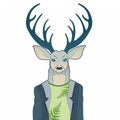 Fashion portrait of hipster deer. Reindeer dressed up in coat, furry art character, trand animals, anthropomorphism