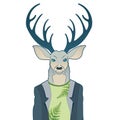 Fashion portrait of hipster deer. Reindeer dressed up in coat, furry art character, trand animals, anthropomorphism