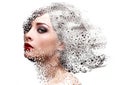 Fashion portrait of makeup woman face with pixeled dispersion effect. Art closeup portrait isolated on white background