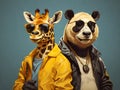 Fashion portrait of a panda and giraffe in sunglasses and cool jackets, wildlife animal portrait, generative ai