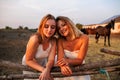 Fashion Portrait Photo Of Two Women In Meadow On Nature