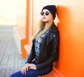 Fashion portrait pretty blonde woman in rock black style Royalty Free Stock Photo