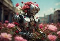 A fashion portrait of a robot surrounded by surreal flowers. A futuristic fusion of technology and nature, perfect for sci-fi- Royalty Free Stock Photo